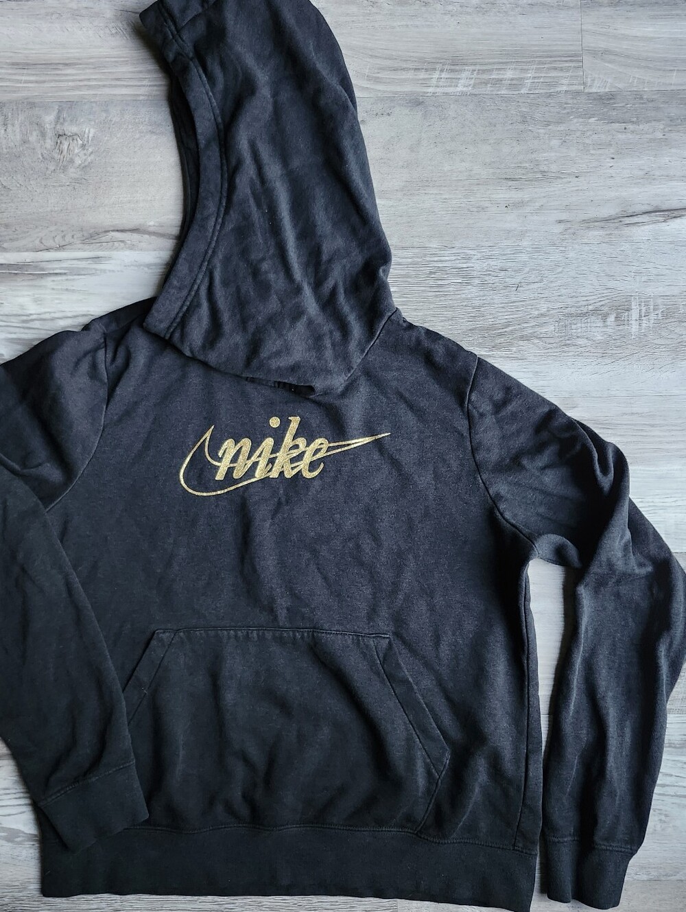 Nike Vintage Style Black Fleece Hoodie Gold Script Logo Small Y2K